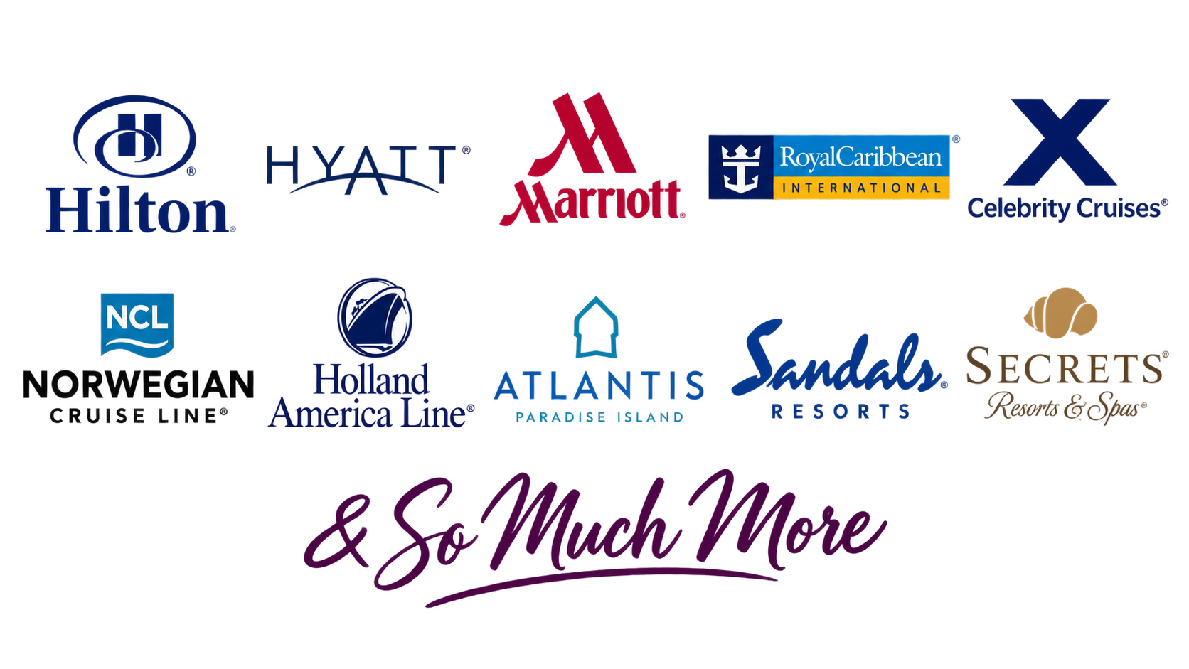 Travel brand partners including Hilton, Hyatt, Marriott, Royal Caribbean International, Celebrity Cruises, Norwegian Cruise Line, Holland America Line, Atlantis Paradise Island, Sandals Resorts, Secrets Resorts & Spas and more