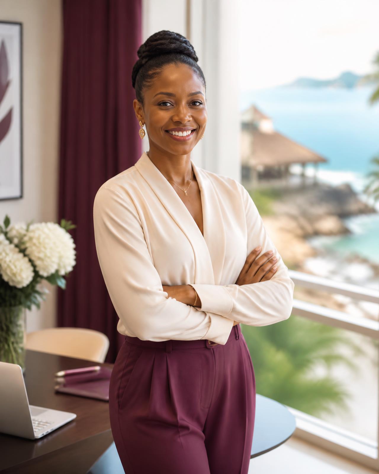 Business owner smiling in her office with a coastal resort view behind her